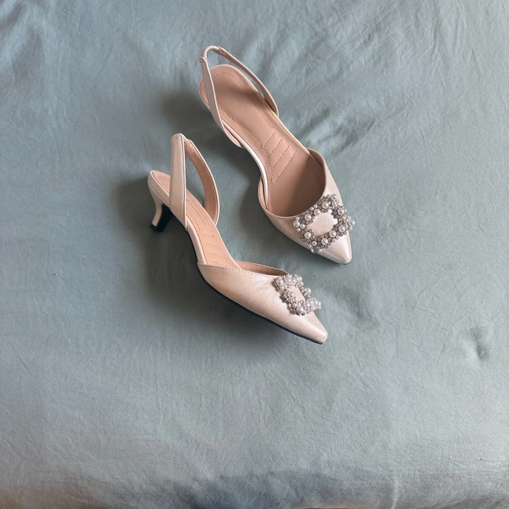 Adrienne Vittadini Pearl-Embellished Slingback Heels - Blush Pink